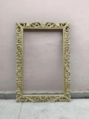 TOUCH WOOD HANDICRAFT Wall Mirror Frame for Home Decor, Hand Carved Wall Mirror Frame, Wooden Mirror Frame, Wooden Jharokha Design, Antique Gold Color, 4x2 Feet Size Without Mirror