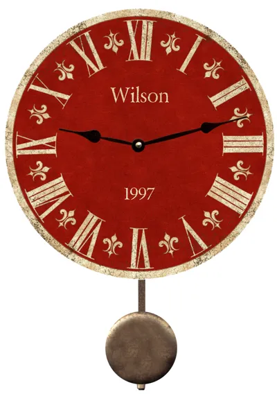 Unique Red Family Name Clock with Fleur-de-Lis Design