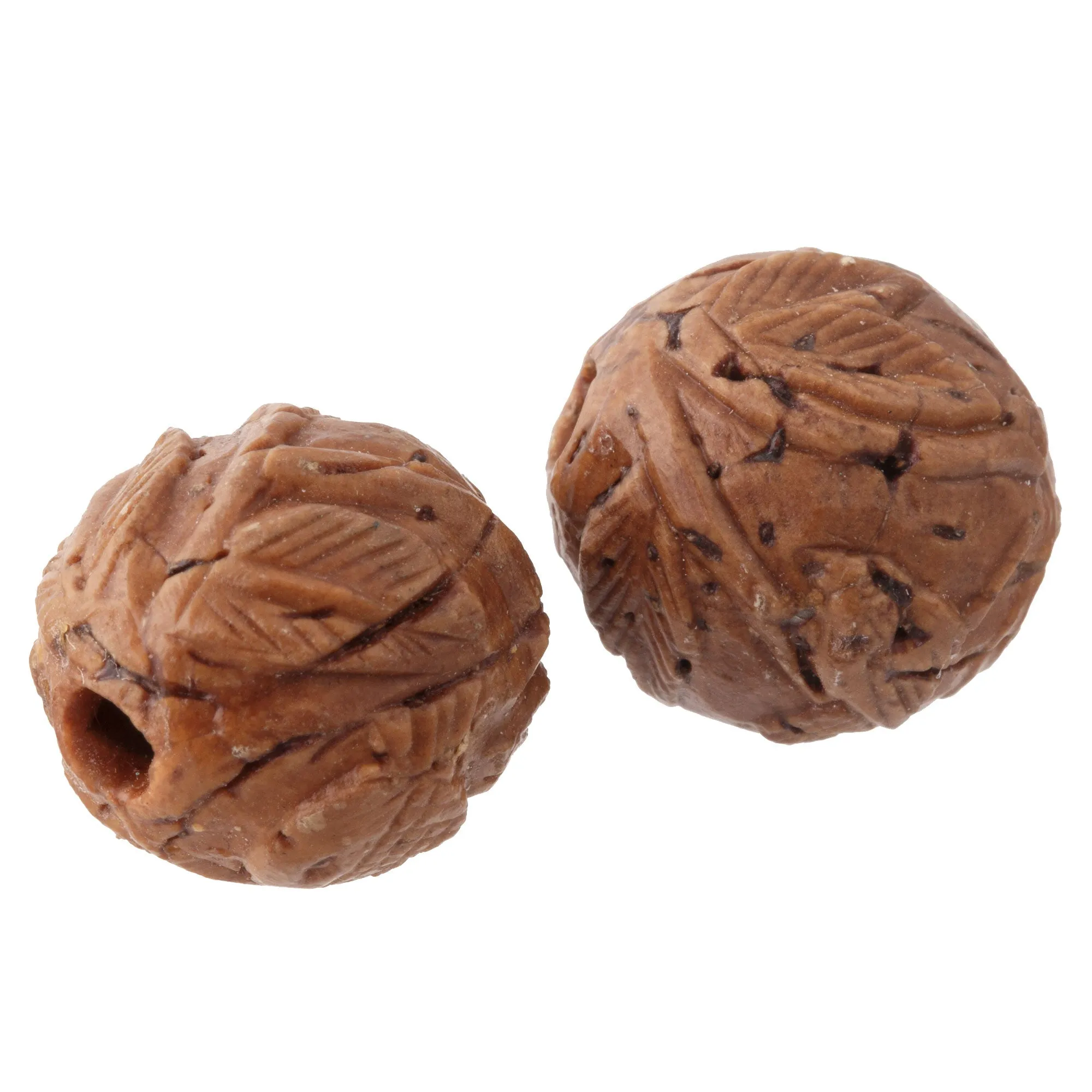 Vintage Chinese carved nut beads. Tiny surface carvings of leaves and vines. 14-15mm. 2pc. b7-wo352