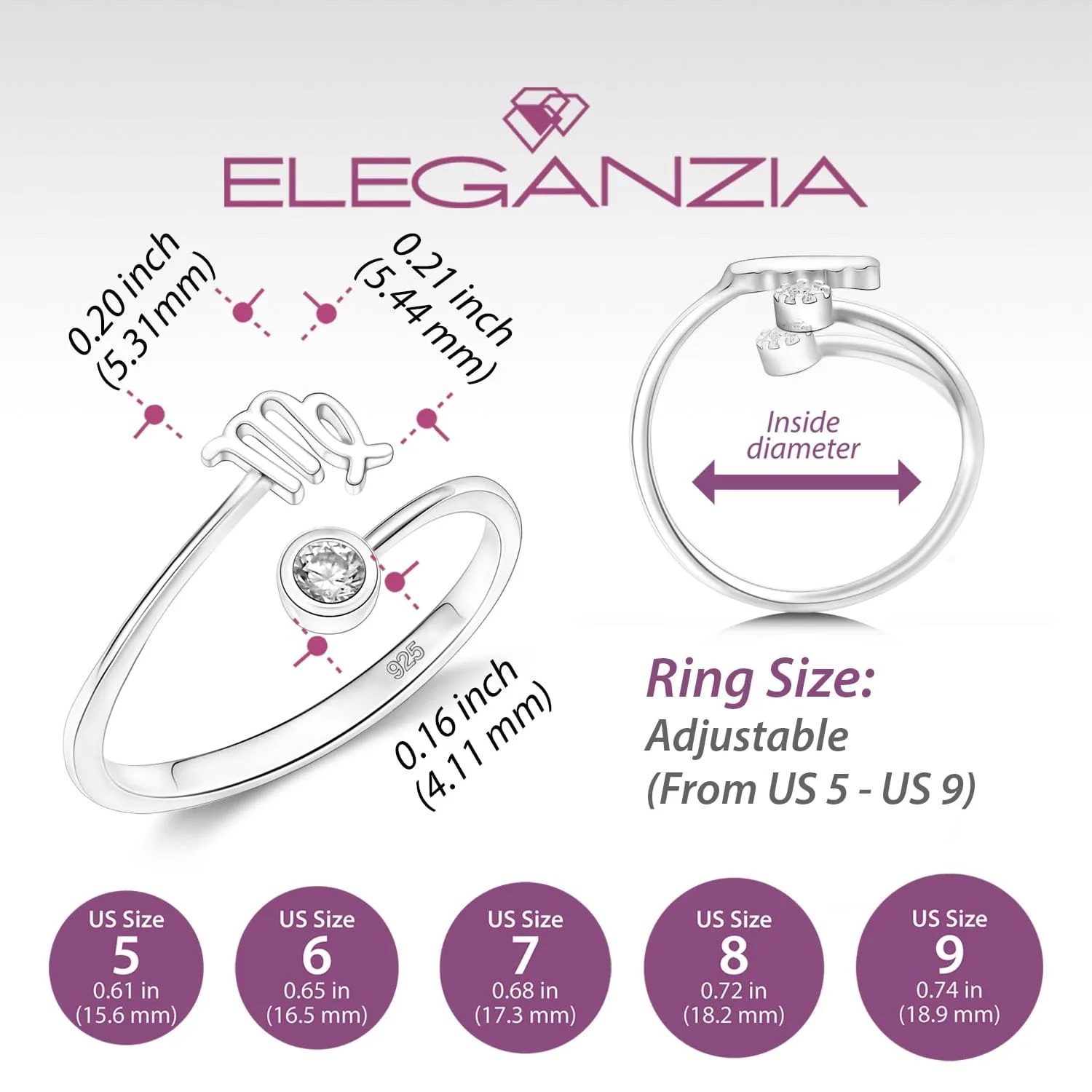 Virgo Ring Sterling Silver Adjustable Zodiac Sign Ring