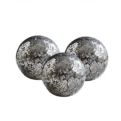 Whole Housewares Decorative Balls Set of 3 Mosaic Orbs 4 Diameter Mirror Black