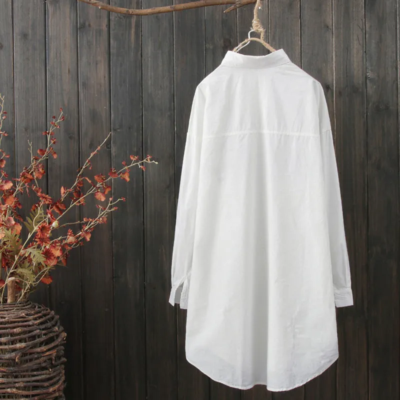 ZANZEA ladies Japanese and Korean style solid color simple style temperament all-match shirt long-sleeved literary retro style shirt lapel button long-sleeved fashion loose casual mid-length small fresh shirt top large size